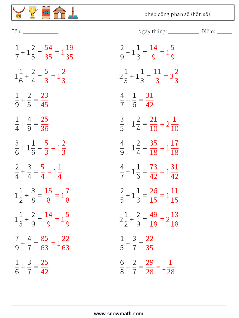 (20) phép cộng phân số (hỗn số) Bảng tính toán học 9 Câu hỏi, câu trả lời