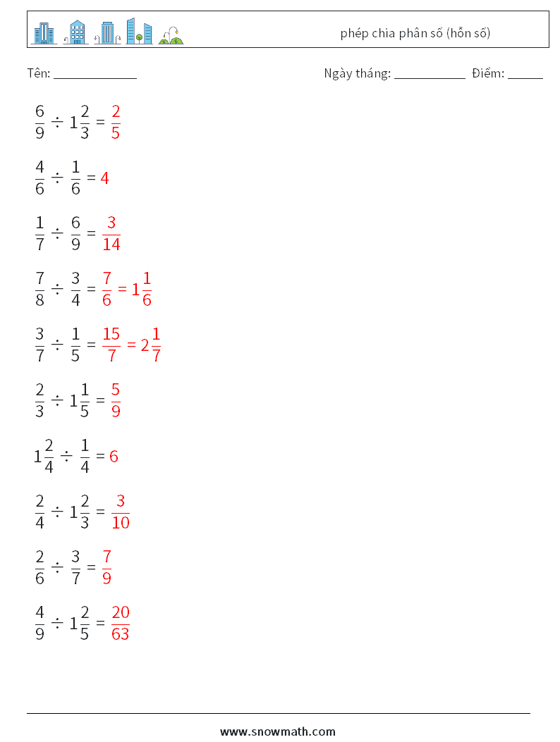 (10) phép chia phân số (hỗn số) Bảng tính toán học 14 Câu hỏi, câu trả lời