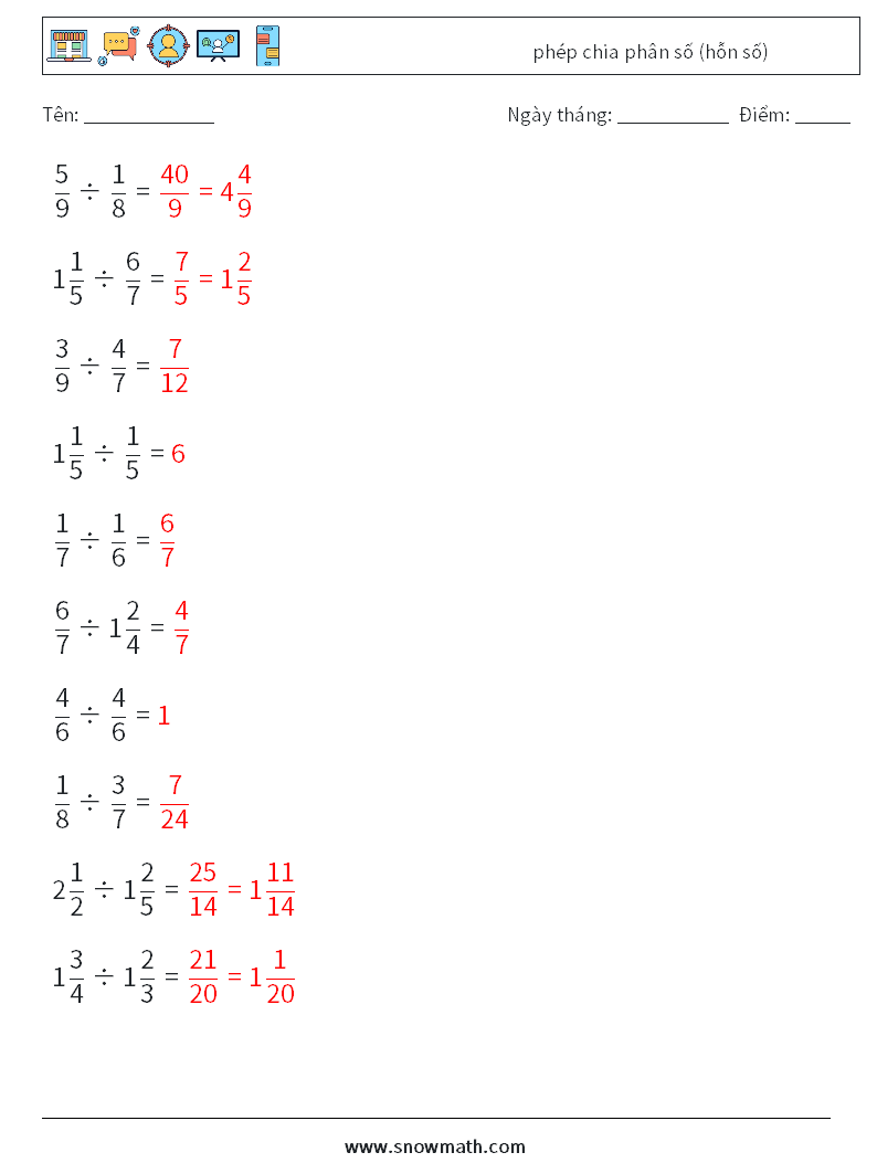 (10) phép chia phân số (hỗn số) Bảng tính toán học 15 Câu hỏi, câu trả lời