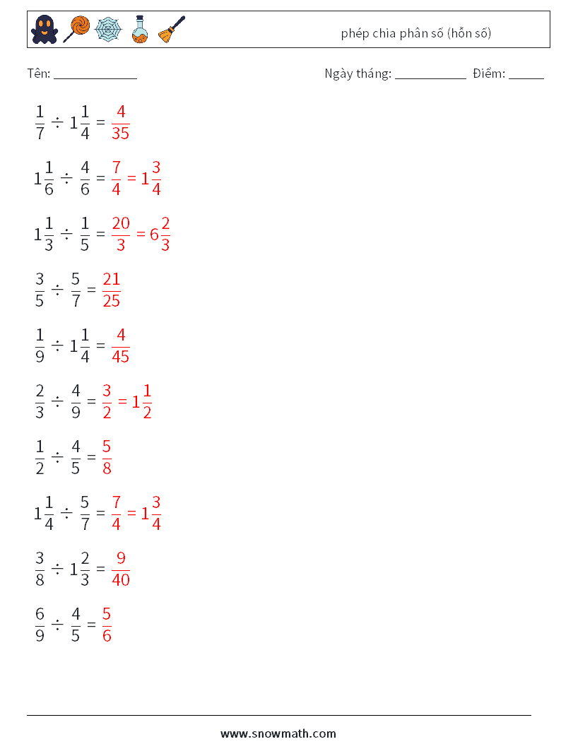 (10) phép chia phân số (hỗn số) Bảng tính toán học 1 Câu hỏi, câu trả lời