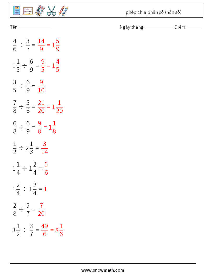 (10) phép chia phân số (hỗn số) Bảng tính toán học 2 Câu hỏi, câu trả lời