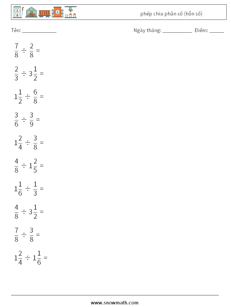(10) phép chia phân số (hỗn số) Bảng tính toán học 3