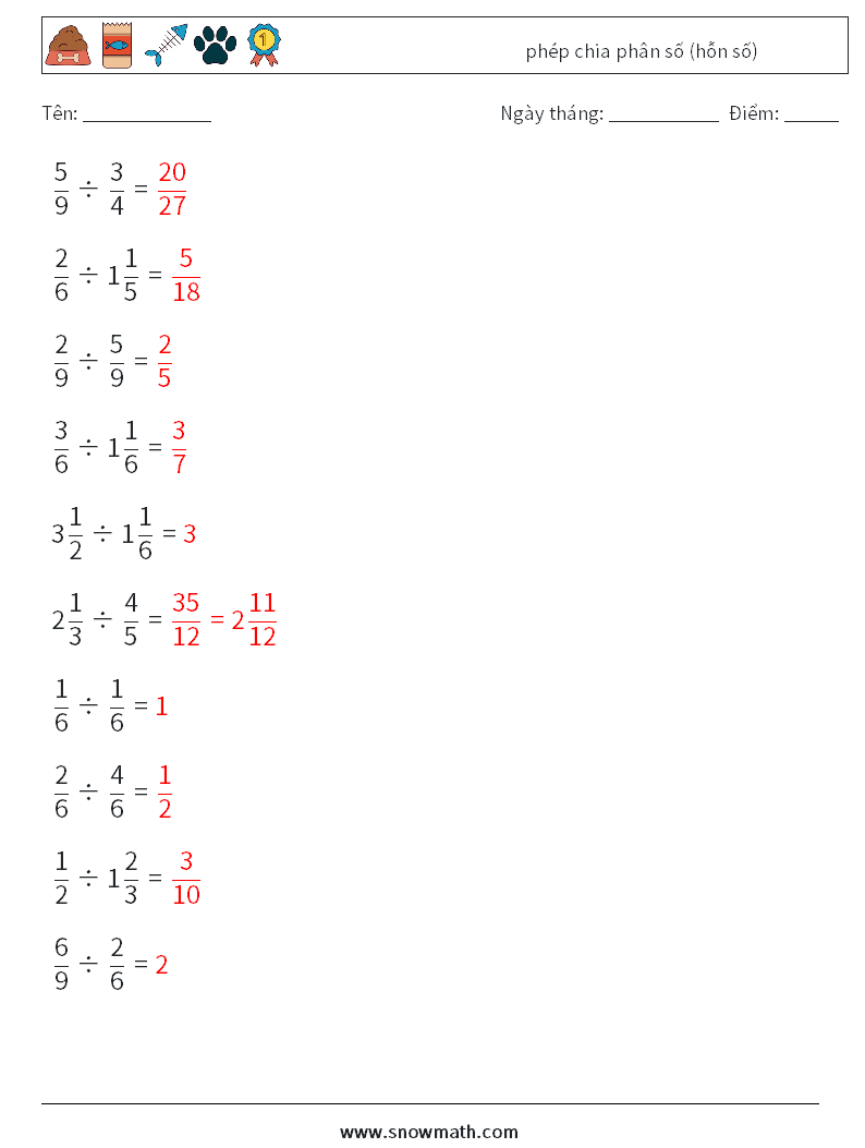 (10) phép chia phân số (hỗn số) Bảng tính toán học 5 Câu hỏi, câu trả lời