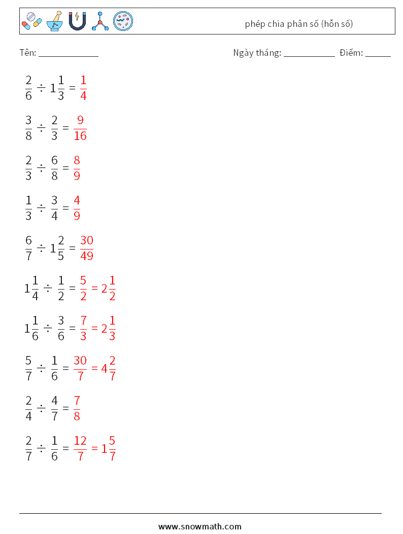 (10) phép chia phân số (hỗn số) Bảng tính toán học 7 Câu hỏi, câu trả lời
