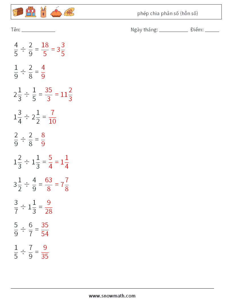 (10) phép chia phân số (hỗn số) Bảng tính toán học 9 Câu hỏi, câu trả lời