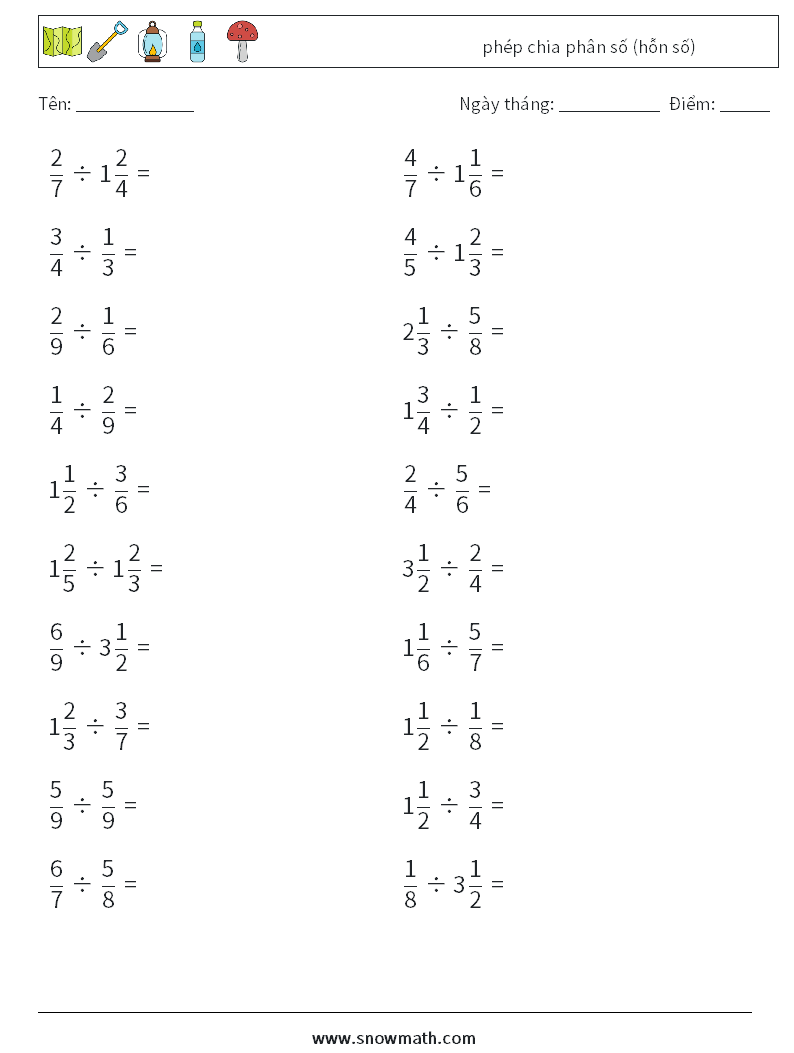 (20) phép chia phân số (hỗn số) Bảng tính toán học 10