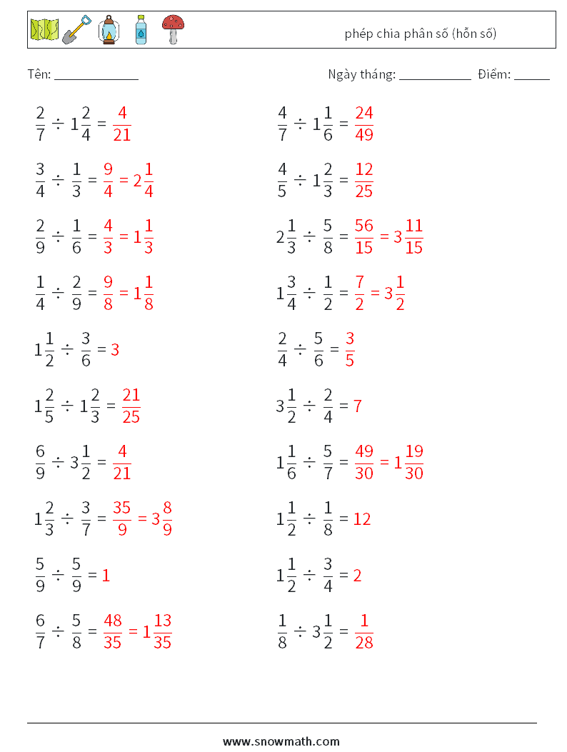 (20) phép chia phân số (hỗn số) Bảng tính toán học 10 Câu hỏi, câu trả lời