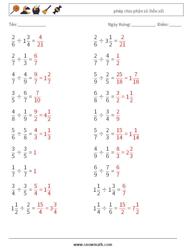 (20) phép chia phân số (hỗn số) Bảng tính toán học 11 Câu hỏi, câu trả lời