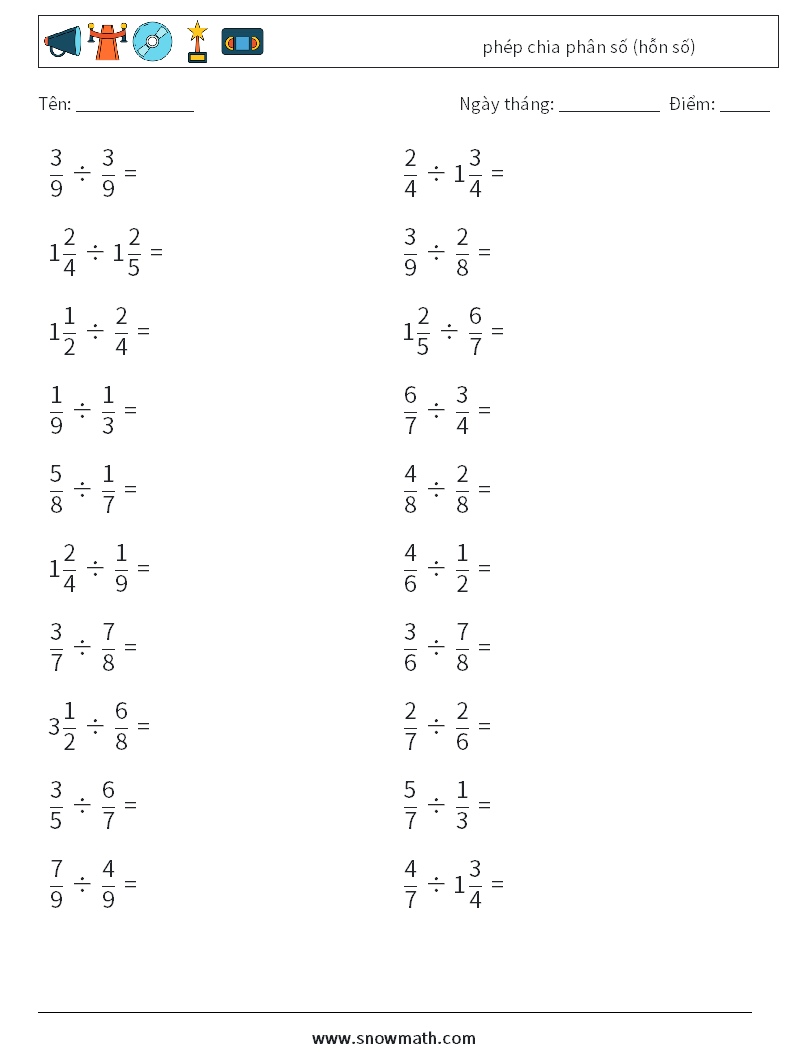 (20) phép chia phân số (hỗn số) Bảng tính toán học 12