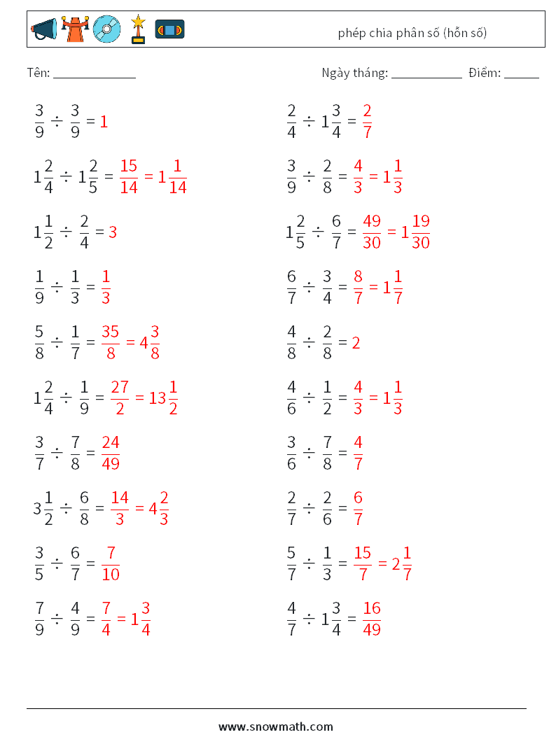 (20) phép chia phân số (hỗn số) Bảng tính toán học 12 Câu hỏi, câu trả lời