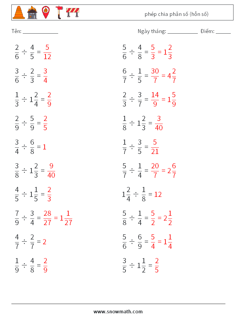 (20) phép chia phân số (hỗn số) Bảng tính toán học 13 Câu hỏi, câu trả lời