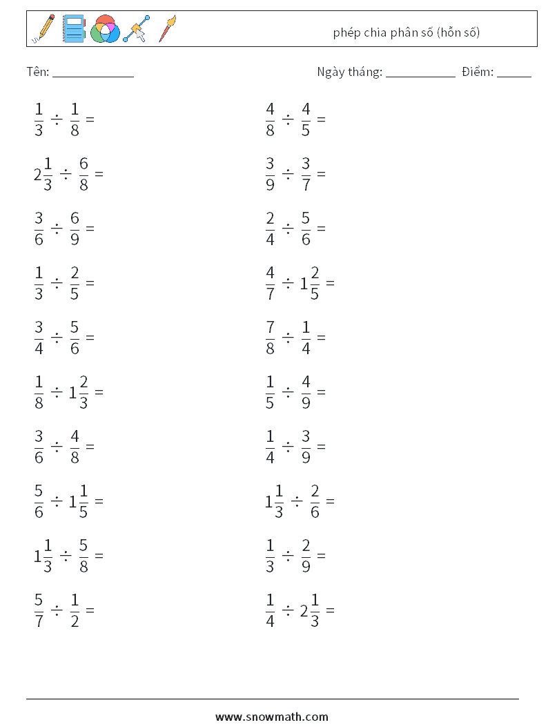 (20) phép chia phân số (hỗn số) Bảng tính toán học 14
