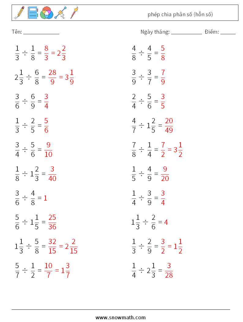 (20) phép chia phân số (hỗn số) Bảng tính toán học 14 Câu hỏi, câu trả lời