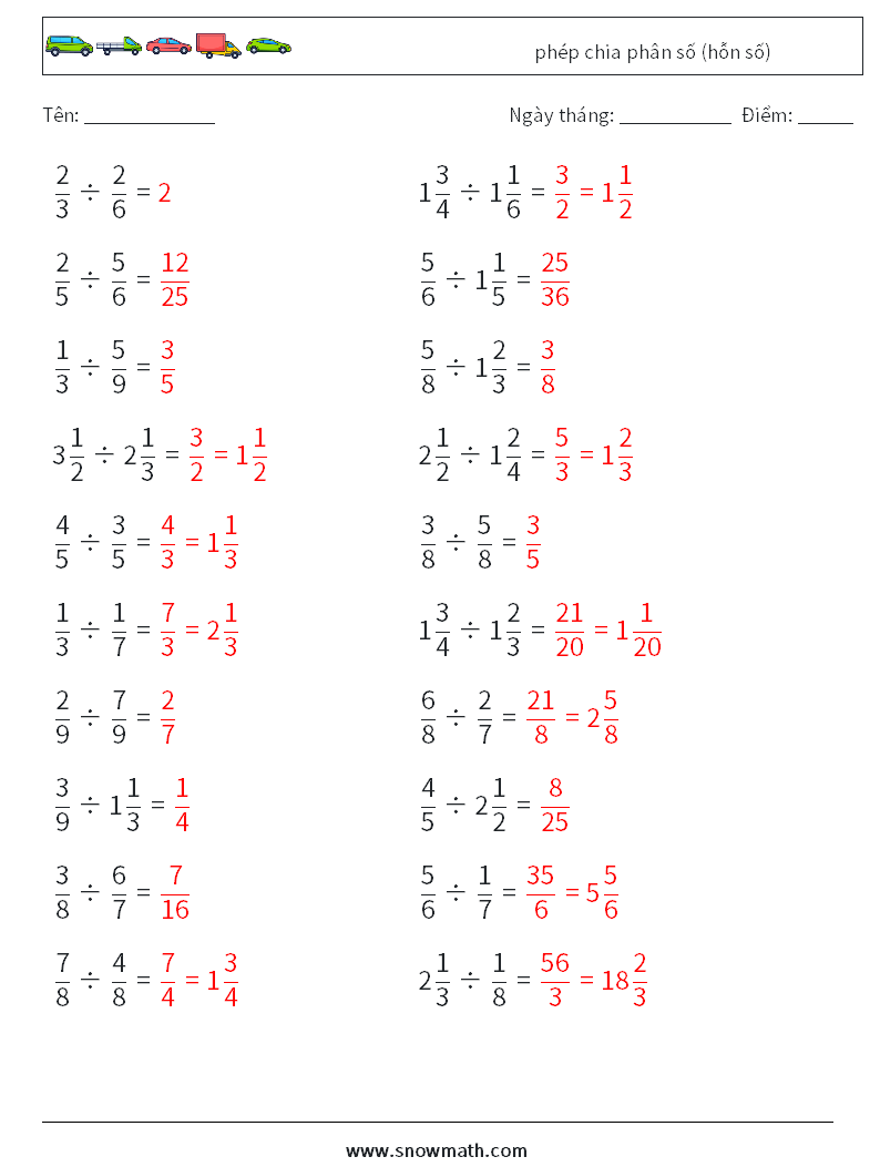 (20) phép chia phân số (hỗn số) Bảng tính toán học 15 Câu hỏi, câu trả lời