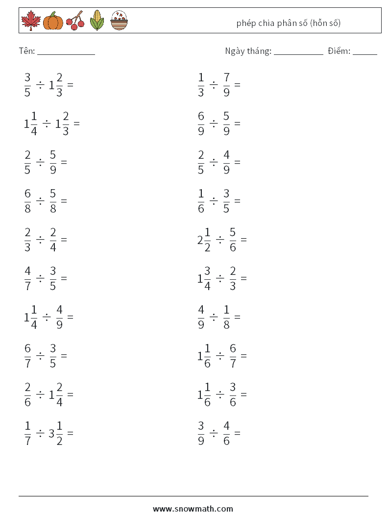 (20) phép chia phân số (hỗn số) Bảng tính toán học 16
