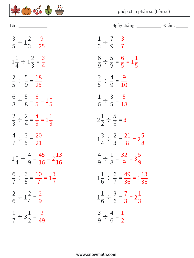 (20) phép chia phân số (hỗn số) Bảng tính toán học 16 Câu hỏi, câu trả lời