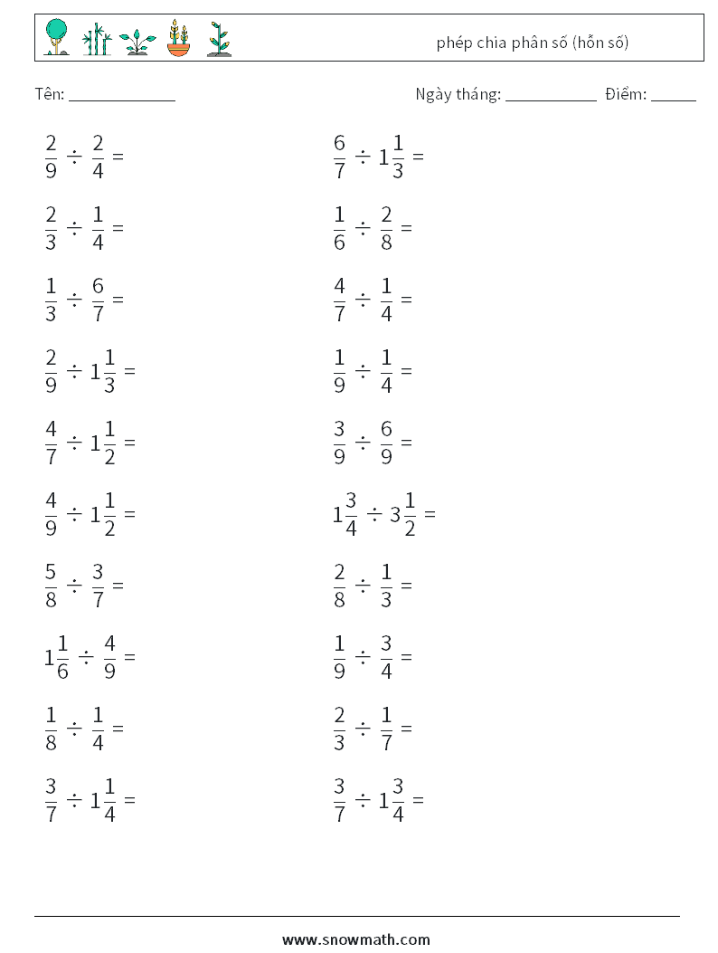 (20) phép chia phân số (hỗn số) Bảng tính toán học 17