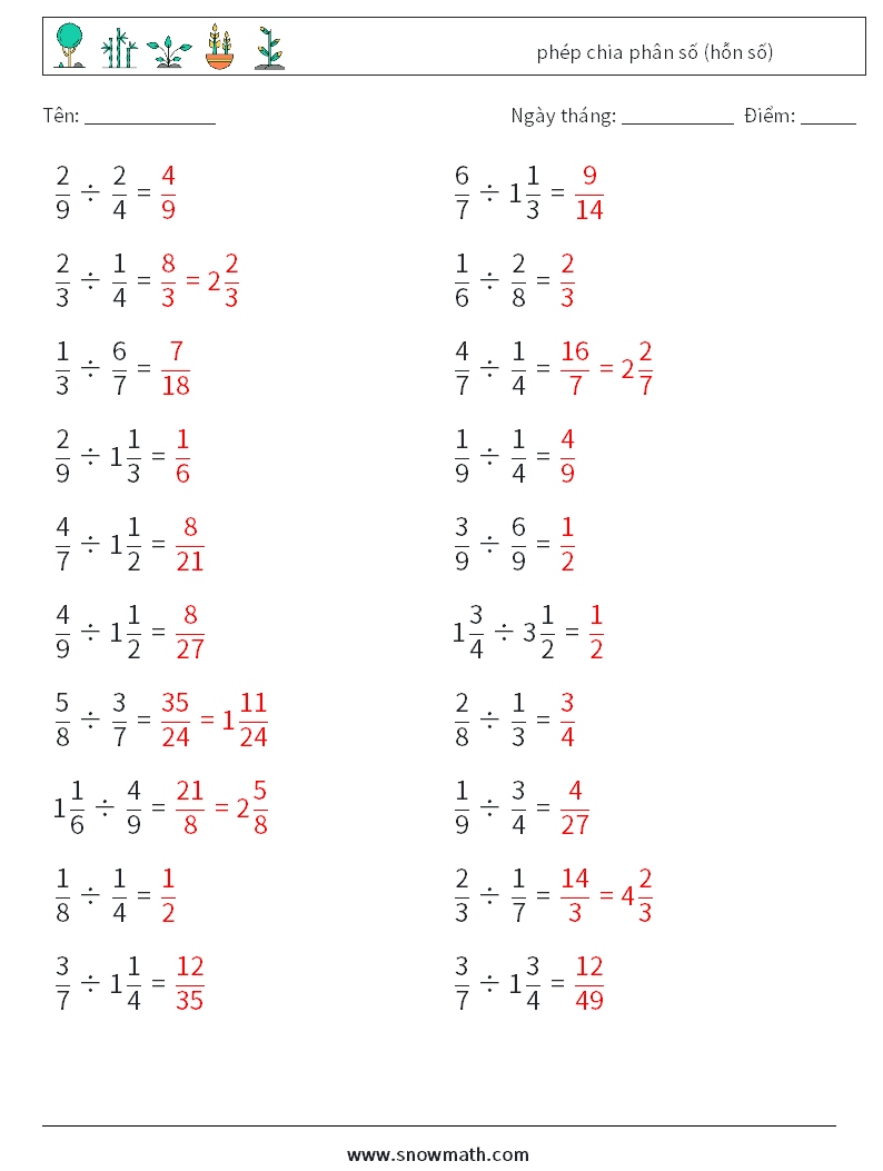 (20) phép chia phân số (hỗn số) Bảng tính toán học 17 Câu hỏi, câu trả lời