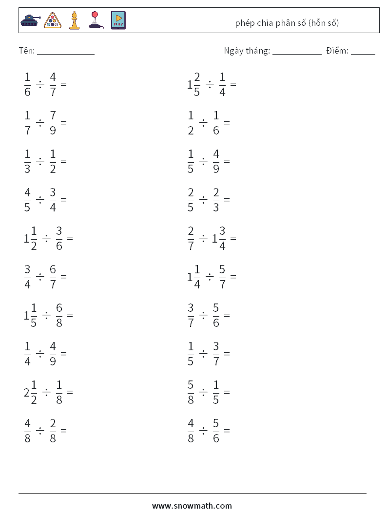 (20) phép chia phân số (hỗn số) Bảng tính toán học 18