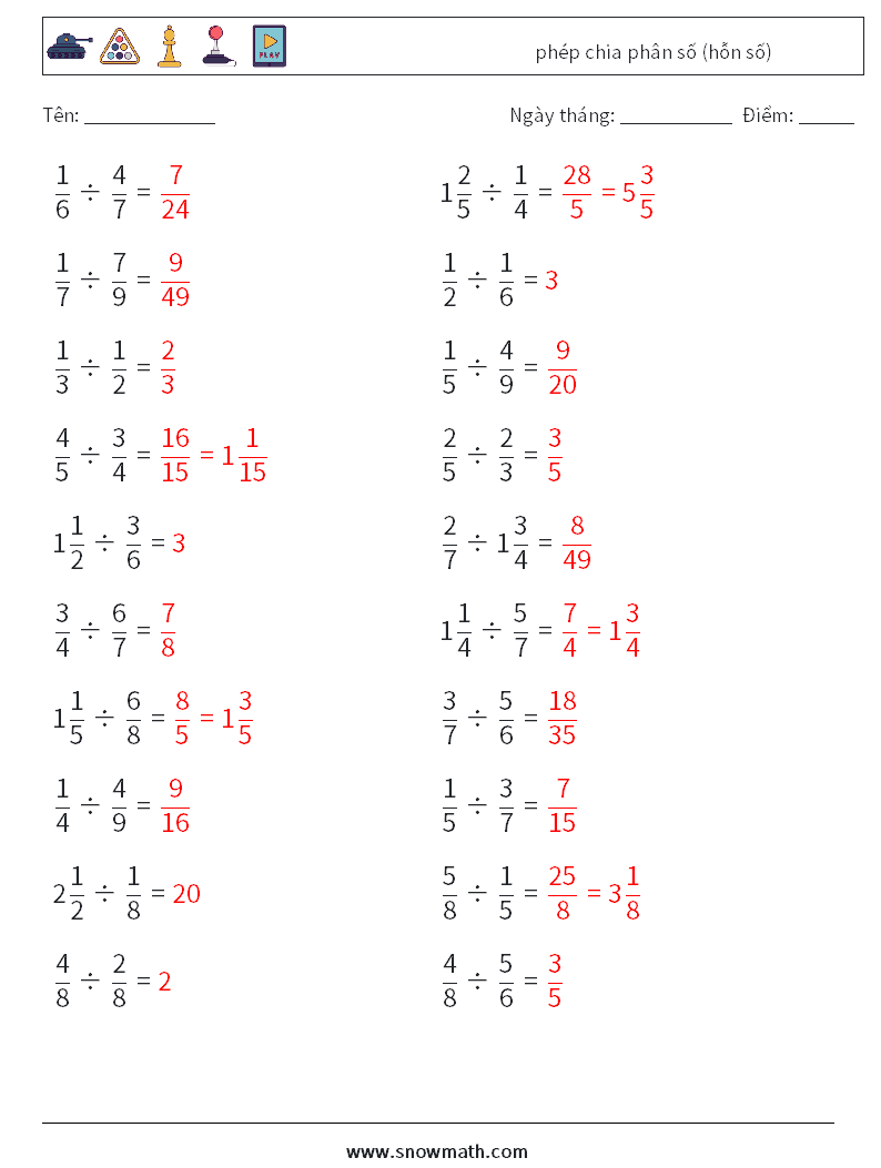 (20) phép chia phân số (hỗn số) Bảng tính toán học 18 Câu hỏi, câu trả lời