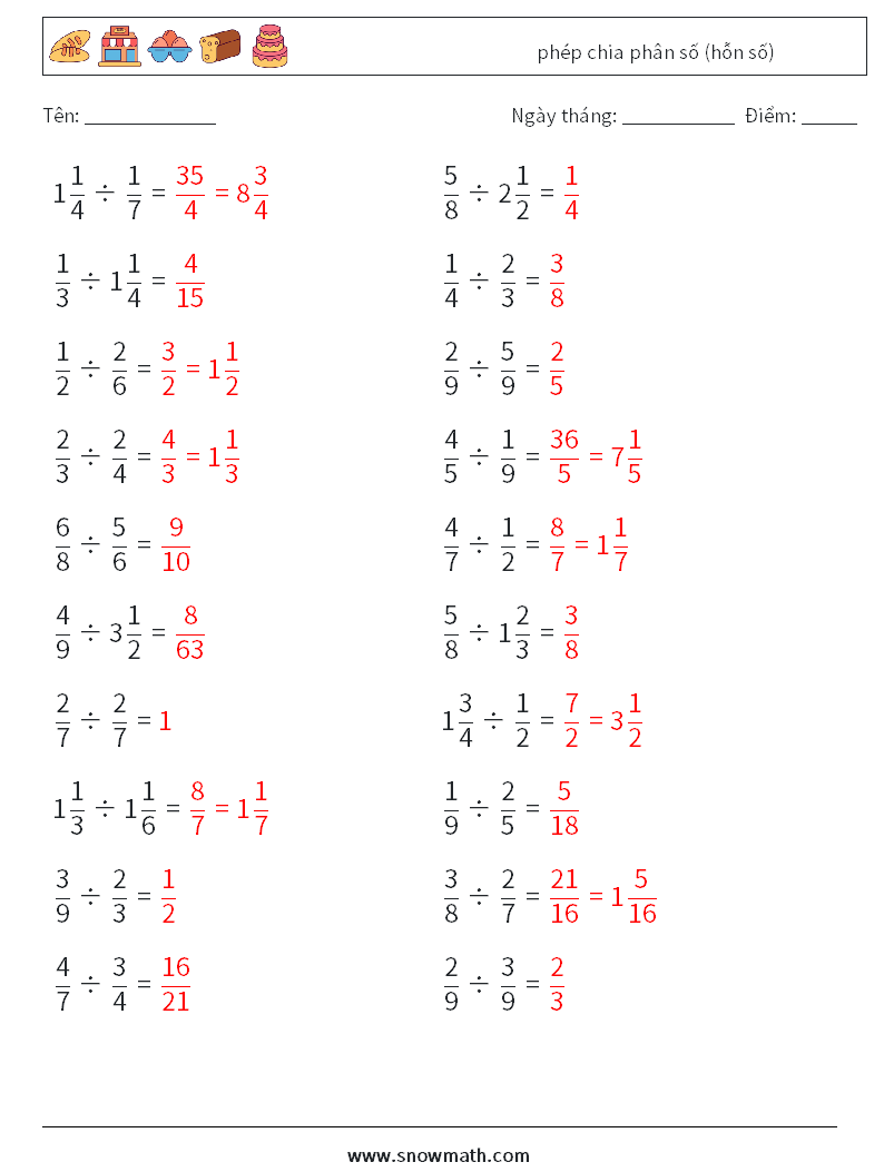 (20) phép chia phân số (hỗn số) Bảng tính toán học 1 Câu hỏi, câu trả lời