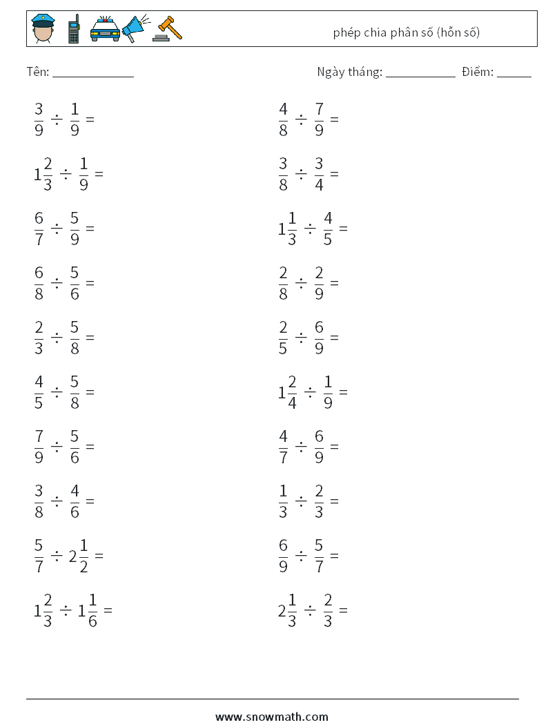 (20) phép chia phân số (hỗn số) Bảng tính toán học 2