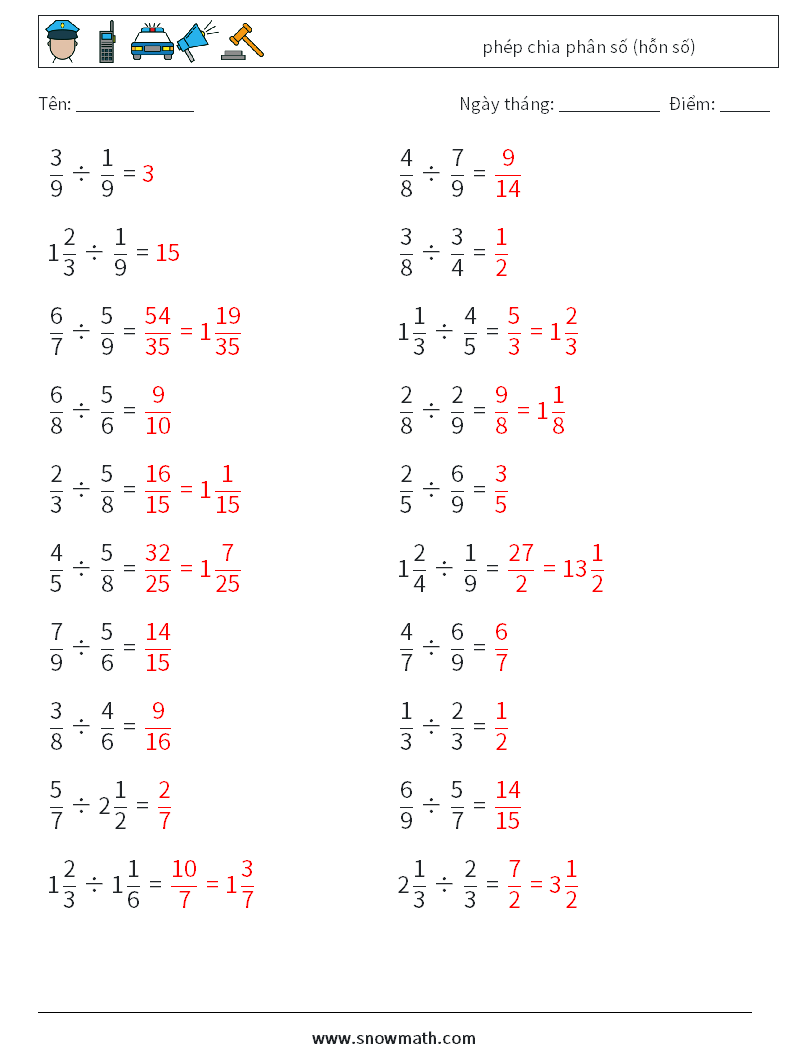 (20) phép chia phân số (hỗn số) Bảng tính toán học 2 Câu hỏi, câu trả lời