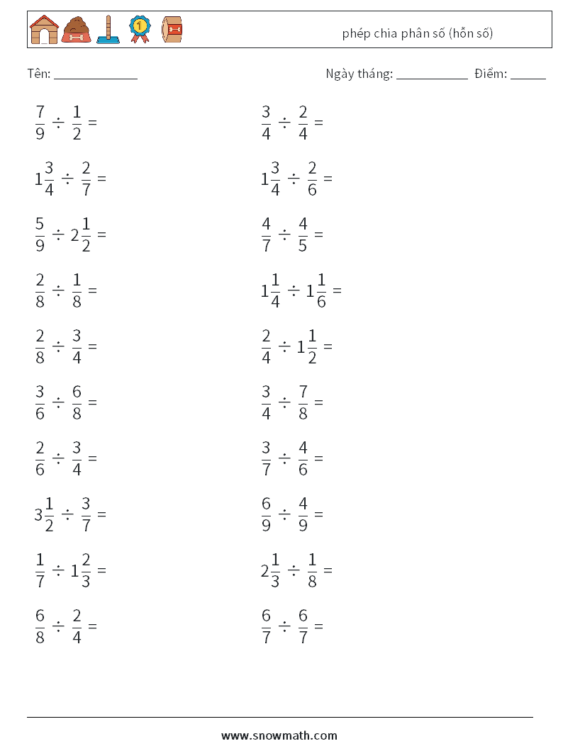 (20) phép chia phân số (hỗn số) Bảng tính toán học 3