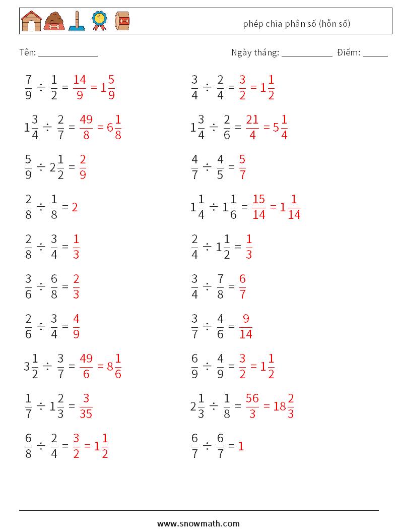 (20) phép chia phân số (hỗn số) Bảng tính toán học 3 Câu hỏi, câu trả lời