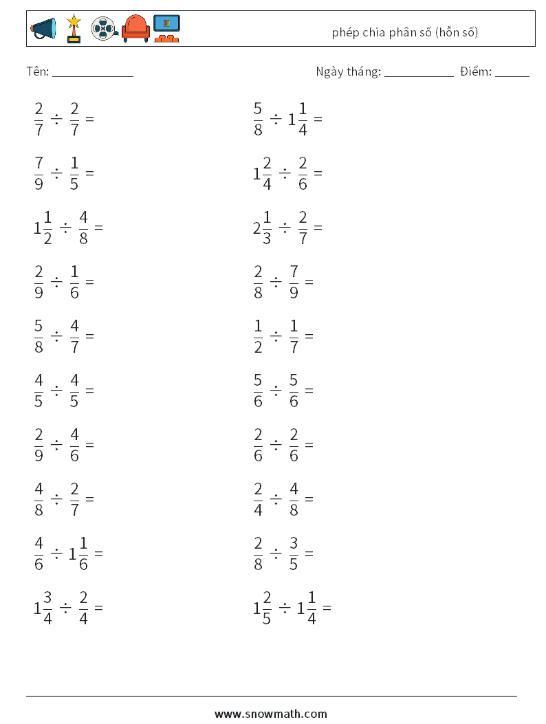 (20) phép chia phân số (hỗn số) Bảng tính toán học 4