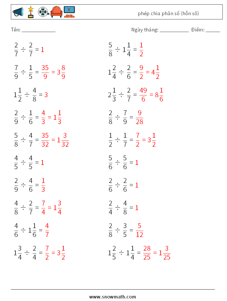 (20) phép chia phân số (hỗn số) Bảng tính toán học 4 Câu hỏi, câu trả lời