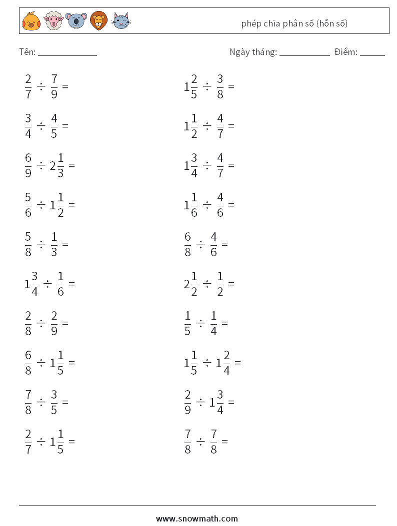 (20) phép chia phân số (hỗn số) Bảng tính toán học 5