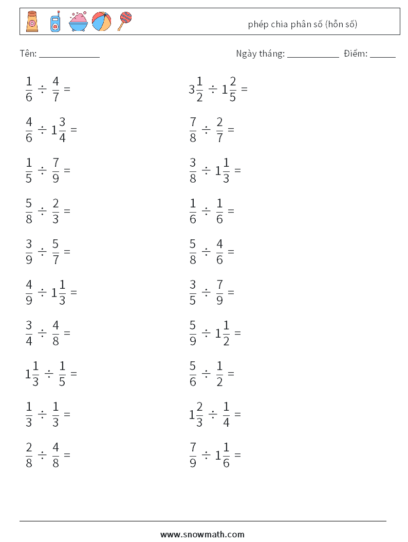 (20) phép chia phân số (hỗn số) Bảng tính toán học 6