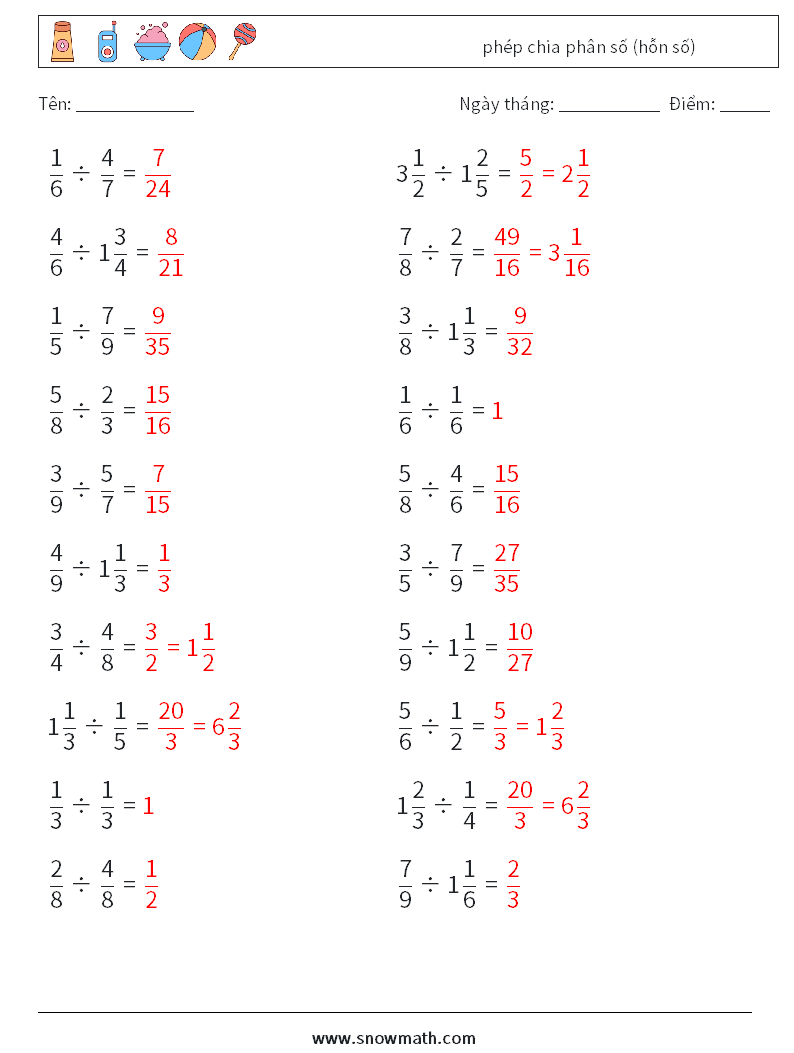 (20) phép chia phân số (hỗn số) Bảng tính toán học 6 Câu hỏi, câu trả lời