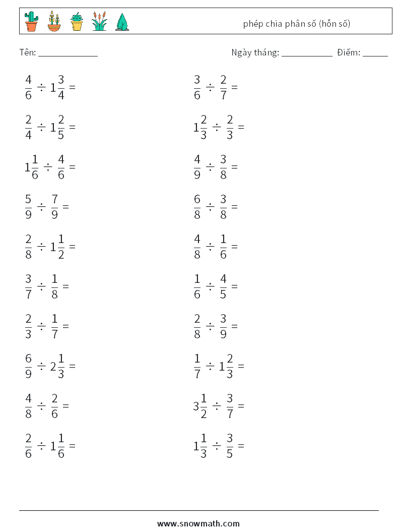 (20) phép chia phân số (hỗn số) Bảng tính toán học 7