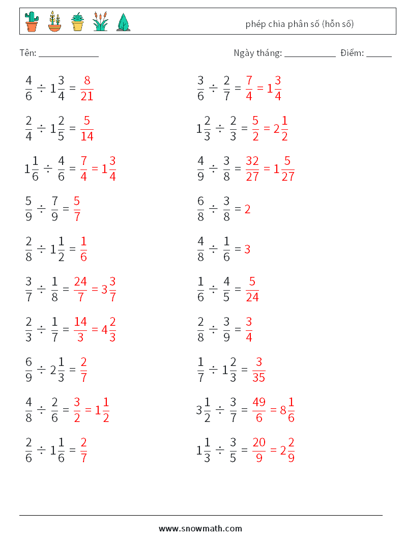 (20) phép chia phân số (hỗn số) Bảng tính toán học 7 Câu hỏi, câu trả lời