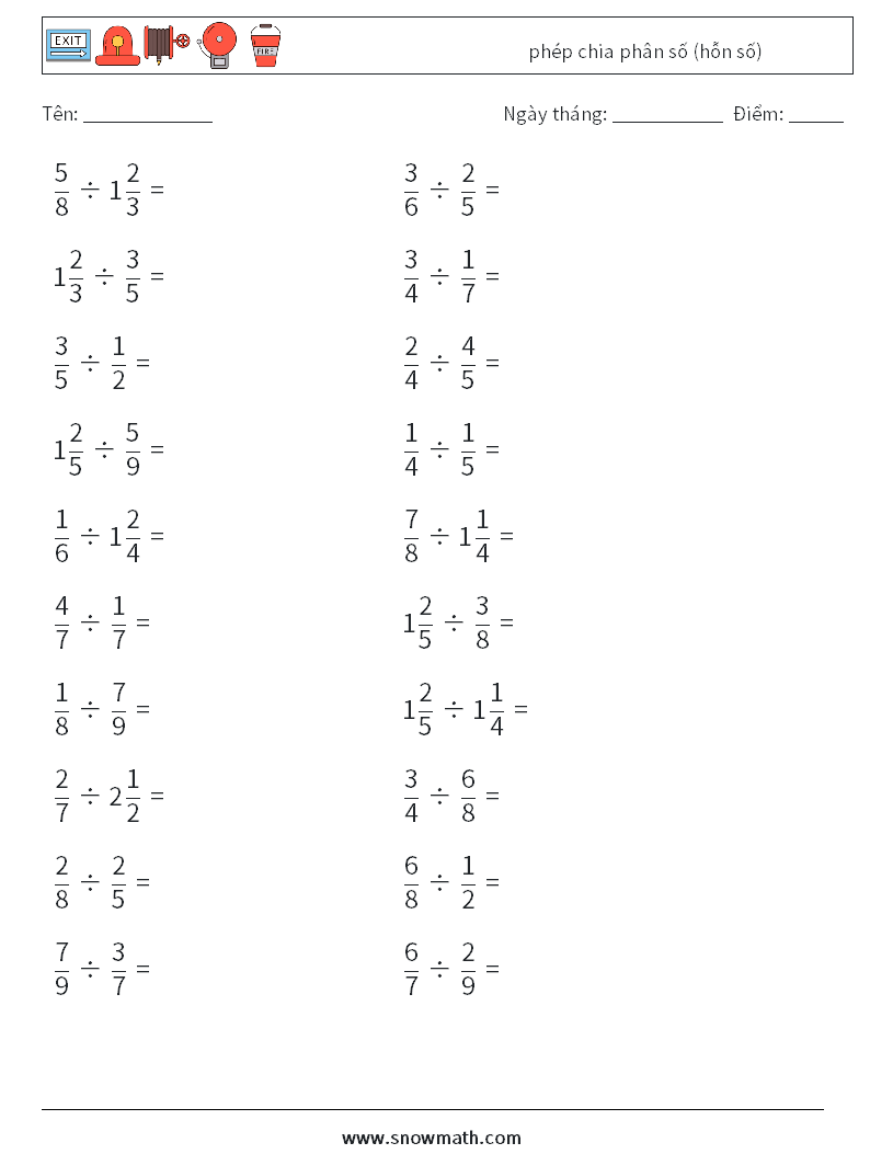 (20) phép chia phân số (hỗn số) Bảng tính toán học 8
