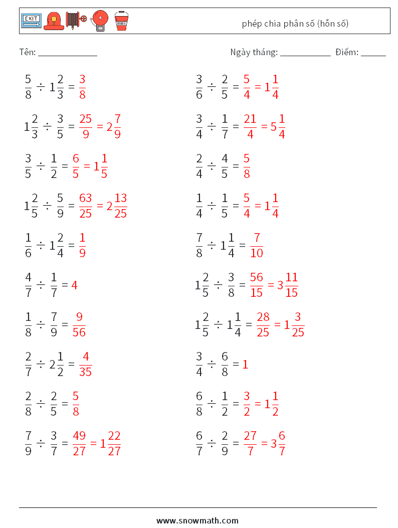 (20) phép chia phân số (hỗn số) Bảng tính toán học 8 Câu hỏi, câu trả lời