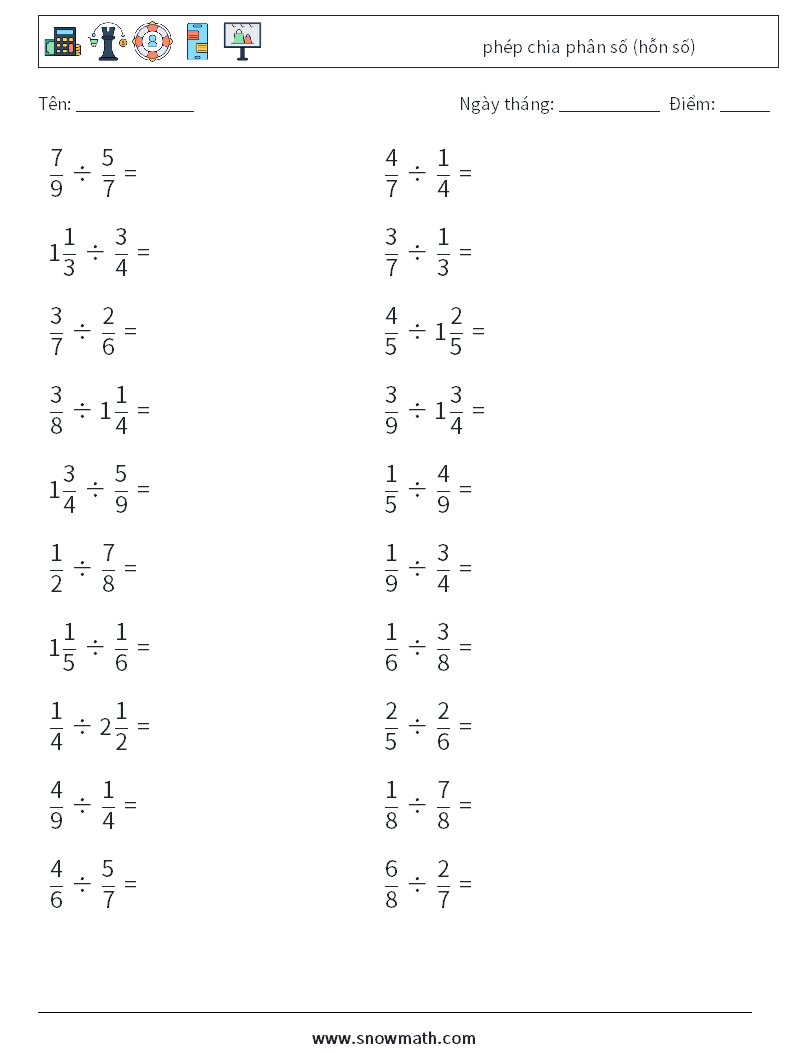 (20) phép chia phân số (hỗn số) Bảng tính toán học 9