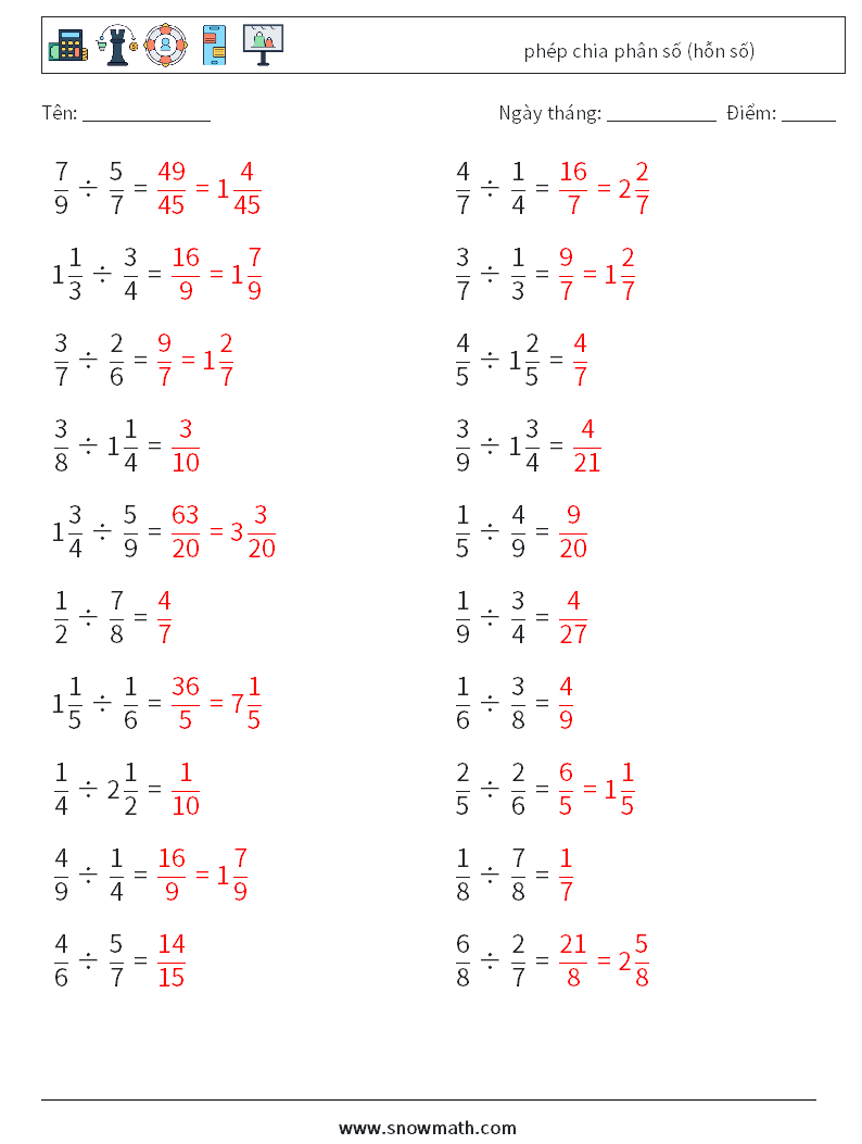 (20) phép chia phân số (hỗn số) Bảng tính toán học 9 Câu hỏi, câu trả lời