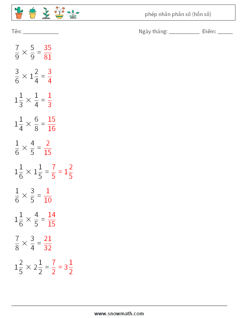 (10) phép nhân phân số (hỗn số) Bảng tính toán học 14 Câu hỏi, câu trả lời
