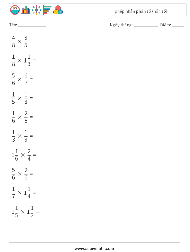 (10) phép nhân phân số (hỗn số) Bảng tính toán học 16