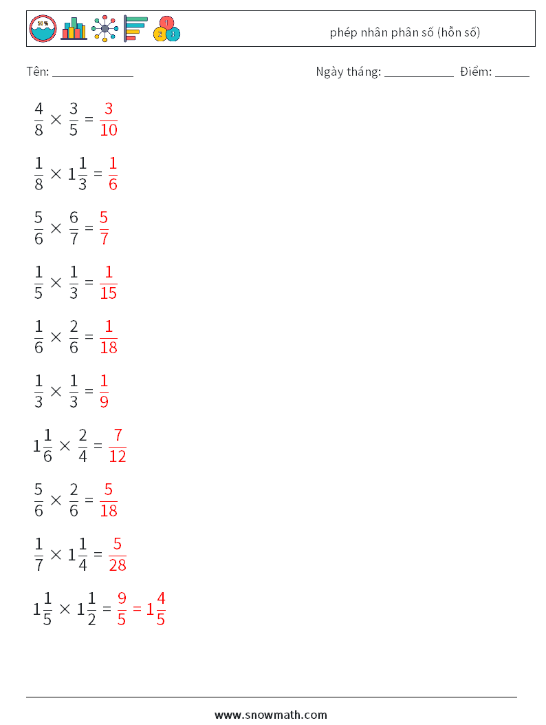 (10) phép nhân phân số (hỗn số) Bảng tính toán học 16 Câu hỏi, câu trả lời