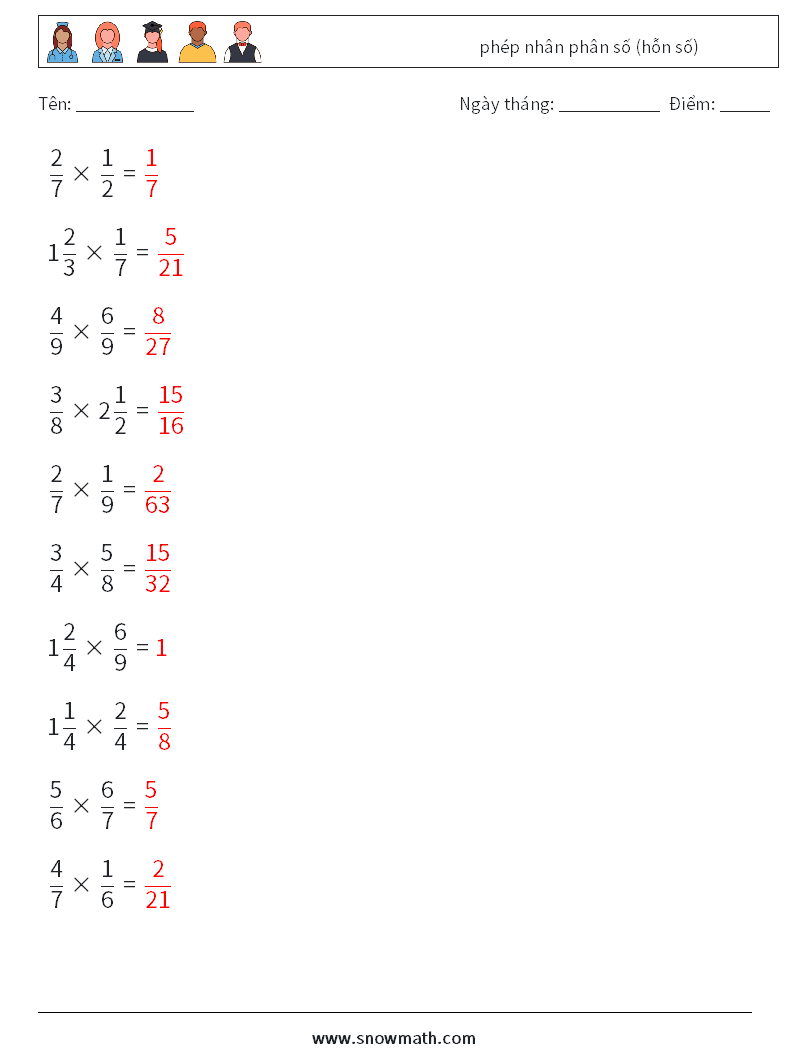 (10) phép nhân phân số (hỗn số) Bảng tính toán học 17 Câu hỏi, câu trả lời