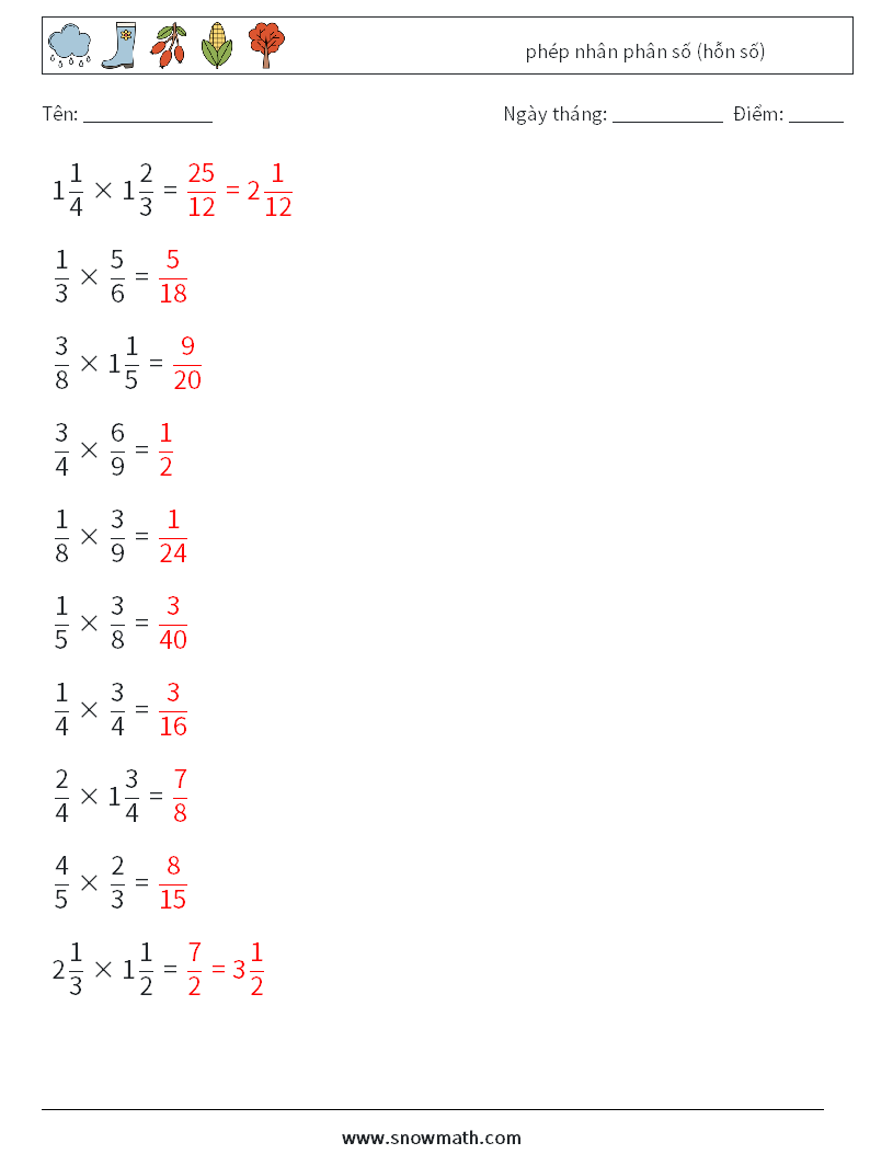 (10) phép nhân phân số (hỗn số) Bảng tính toán học 18 Câu hỏi, câu trả lời