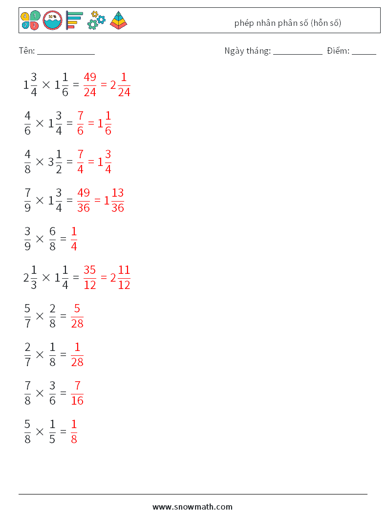 (10) phép nhân phân số (hỗn số) Bảng tính toán học 1 Câu hỏi, câu trả lời