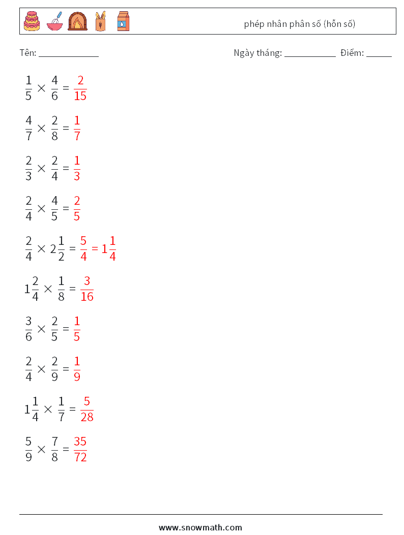 (10) phép nhân phân số (hỗn số) Bảng tính toán học 2 Câu hỏi, câu trả lời