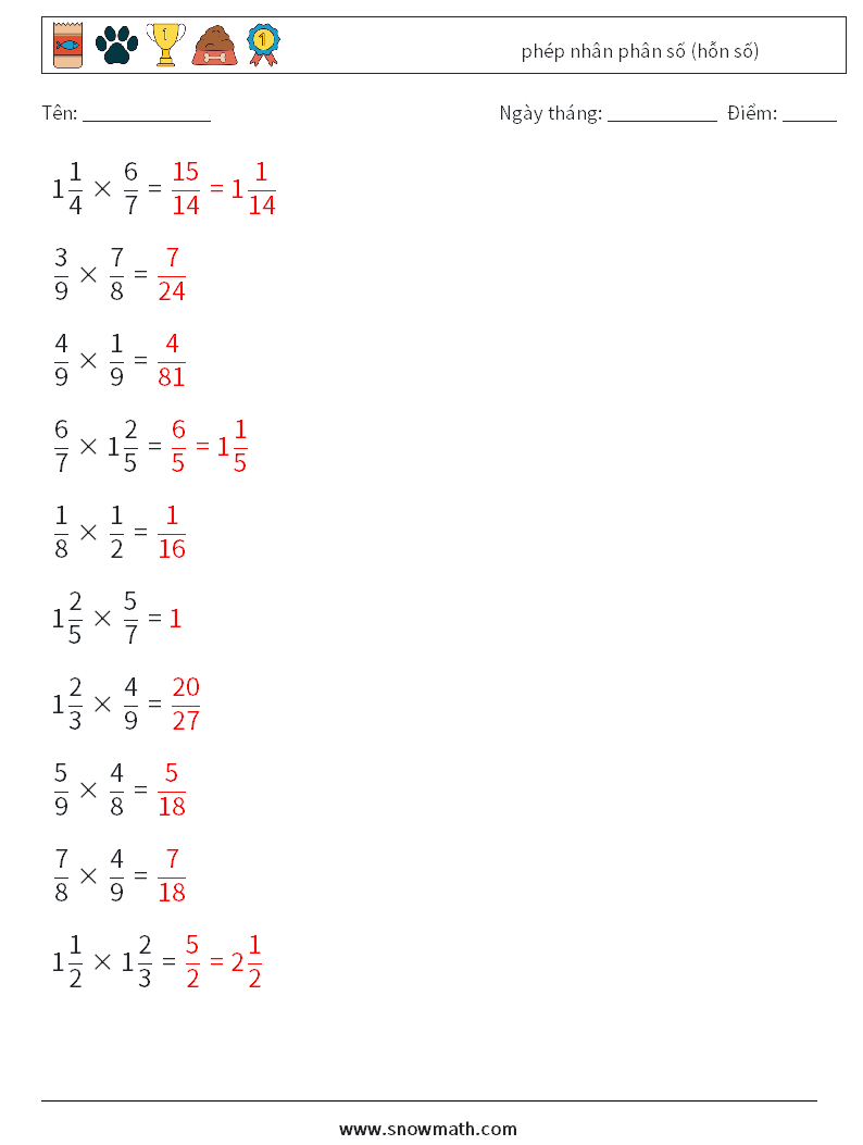 (10) phép nhân phân số (hỗn số) Bảng tính toán học 3 Câu hỏi, câu trả lời