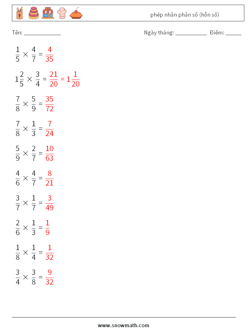 (10) phép nhân phân số (hỗn số) Bảng tính toán học 4 Câu hỏi, câu trả lời