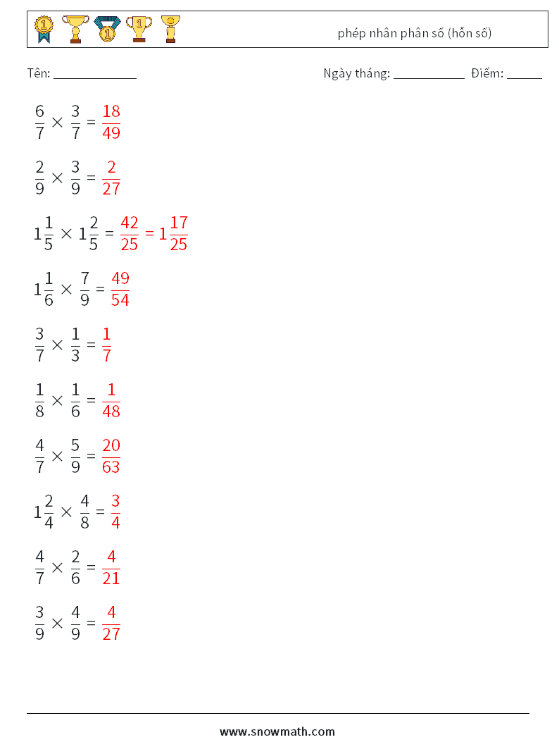 (10) phép nhân phân số (hỗn số) Bảng tính toán học 5 Câu hỏi, câu trả lời